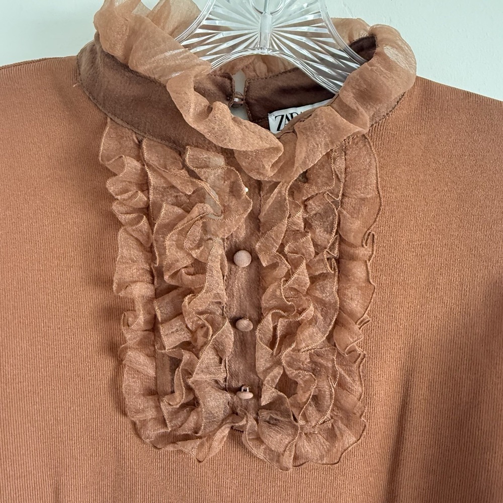 ZARA Brown/Taupe Top Organza Ruffle Woman M Poet Pirate Career Steam punk - Picture 5 of 13
